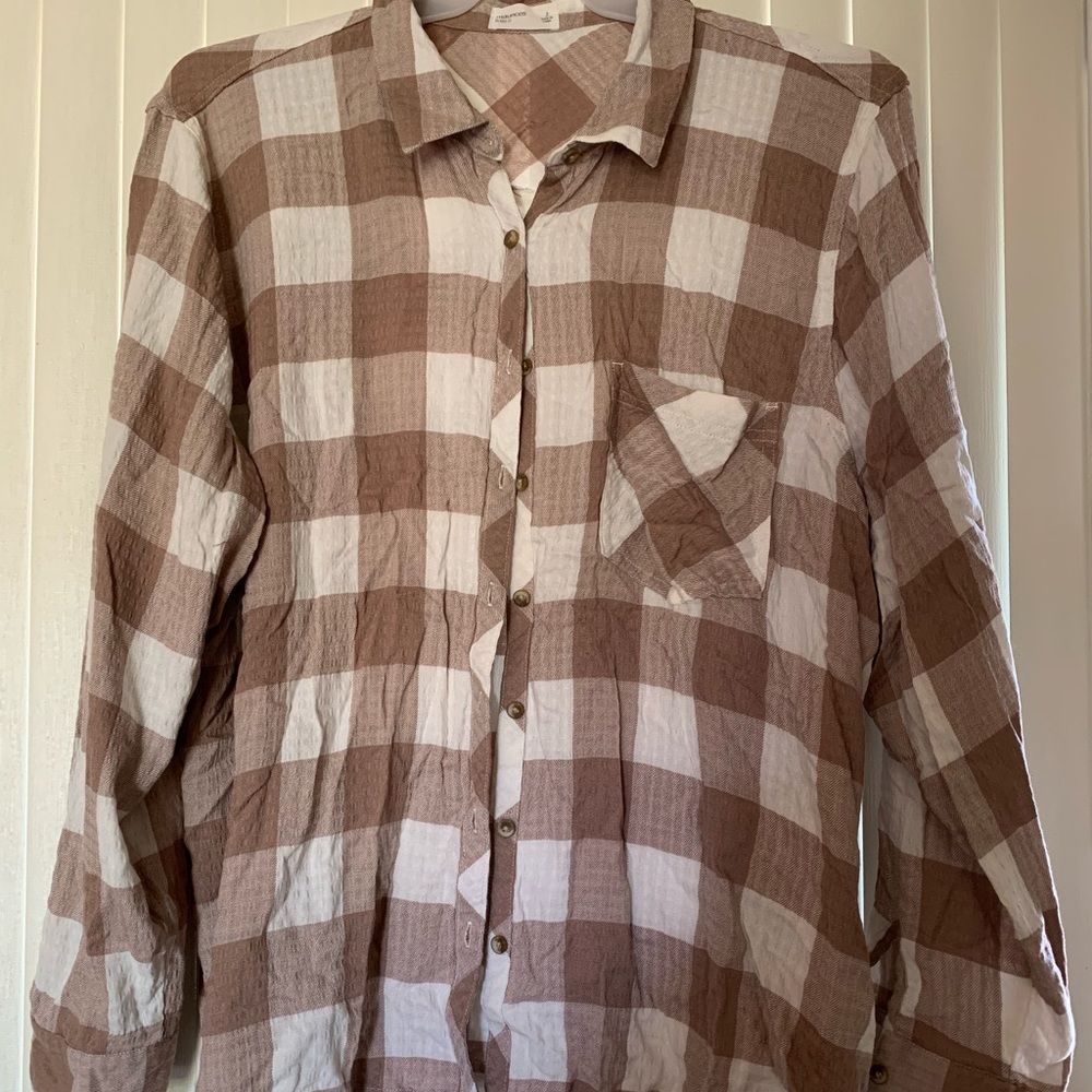 Maurices tan white plaid button up shirt